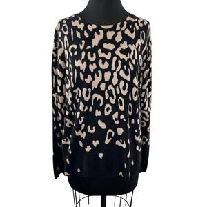 C by Bloomingdale's Cashmere Black Tan Leopard Print Pullover Sweater Size M